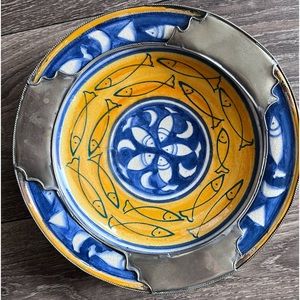 Safi Signed Vintage Moroccan Hand Painted Fish Pottery Wall Plate Bowl Metal Rim